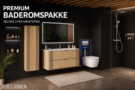 Komplett baderomspakke premium – møbler, sluk, dusjsystem, armatur, toalett og Geberit sisterne